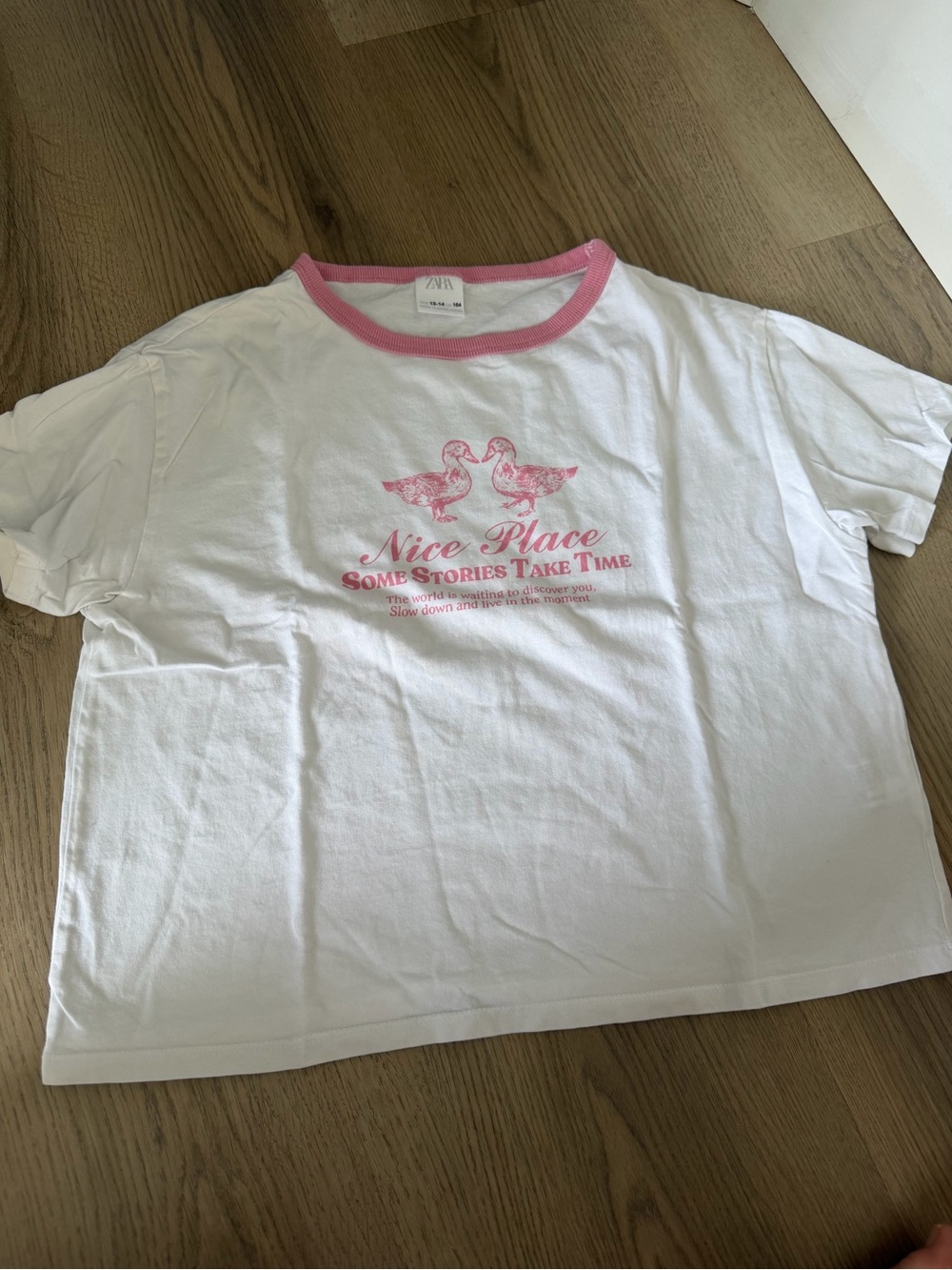 Zara- White Tee with Pink Ringer Trim and Graphic